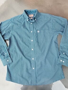 Ariat Men's Wrinkle Free Cayden Classic Fit Shirt Blue Teal Cotton Medium Button
